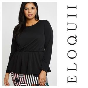 Eloquii Plus Size Black Long Sleeve Gathered Bodice Peplum Top